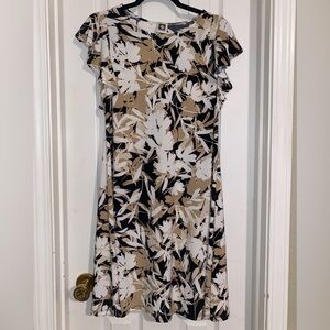 Anne Klein Black and Tan Multi Floral Ruffle Sleeve Shift Dress